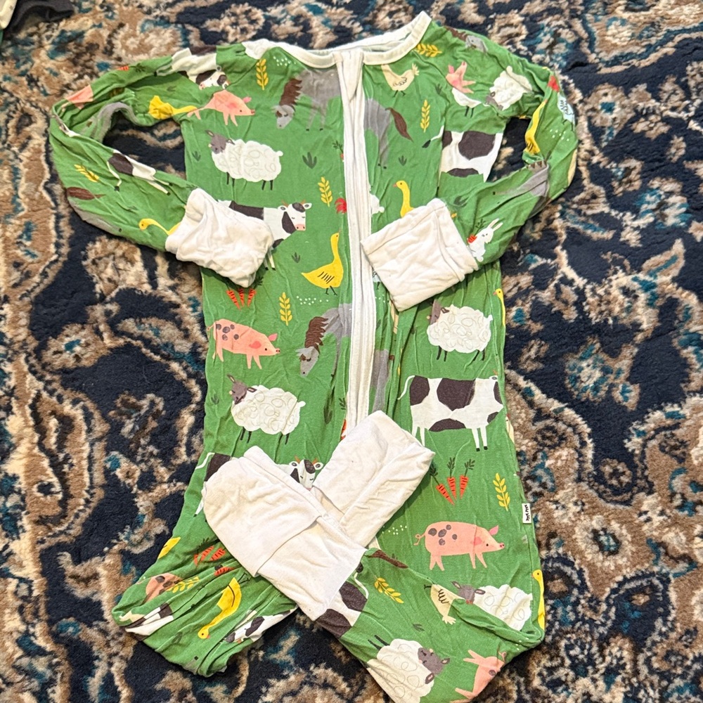 Little Sleepies Green Farm Animal Zip Pajamas